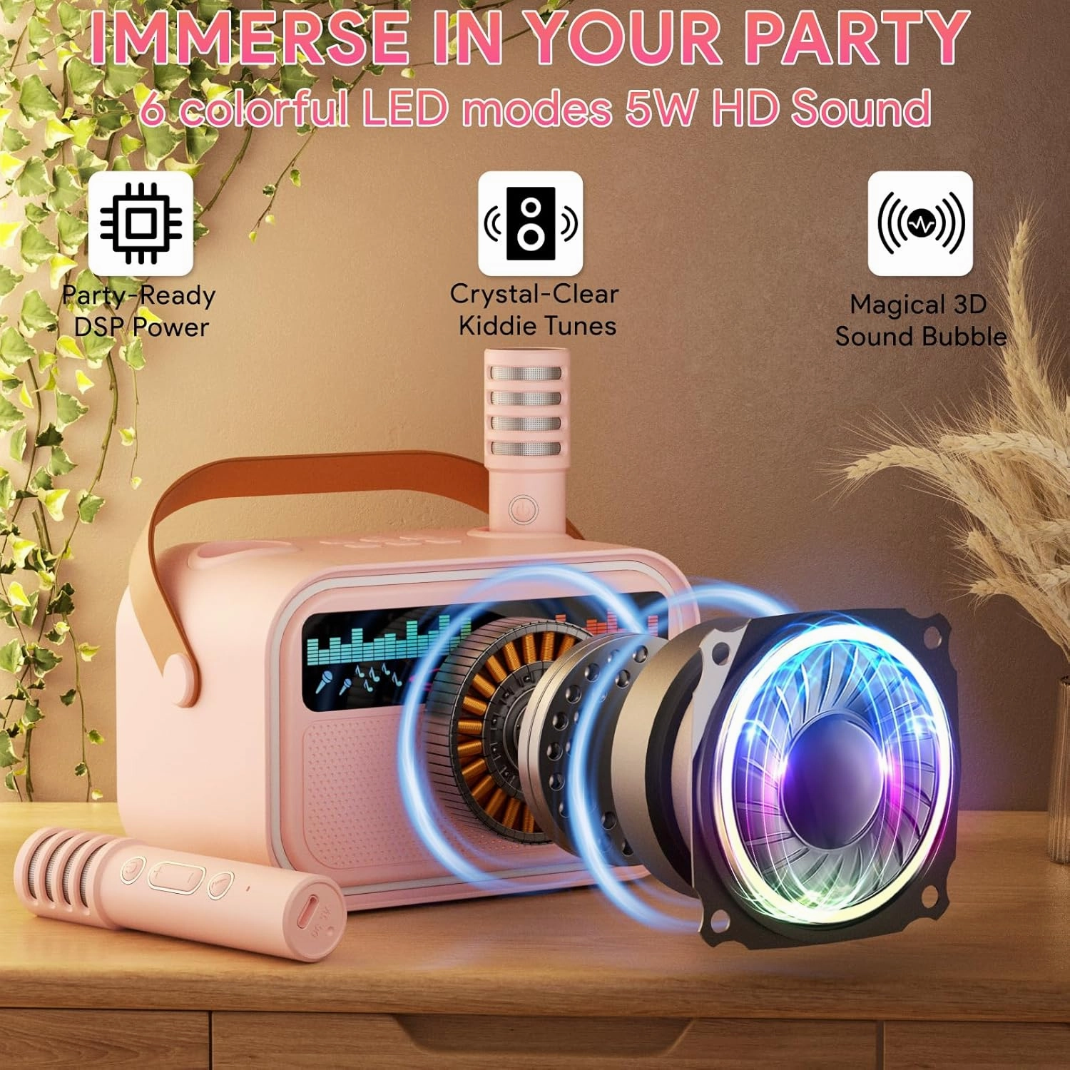 Mini Karaoke Machine Toys for Kids Girls, Tnvee Portable Bluetooth Speaker with 2 Wireless Microphones, Funny Birthday Gifts for Girls Ages 3, 4, 5, 6, 7, 8, 9,10,11,12  Years Old Toddler - Pink