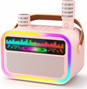 Mini Karaoke Machine Toys for Kids Girls, Tnvee Portable Bluetooth Speaker with 2 Wireless Microphones, Funny Birthday Gifts for Girls Ages 3, 4, 5, 6, 7, 8, 9,10,11,12  Years Old Toddler - Pink