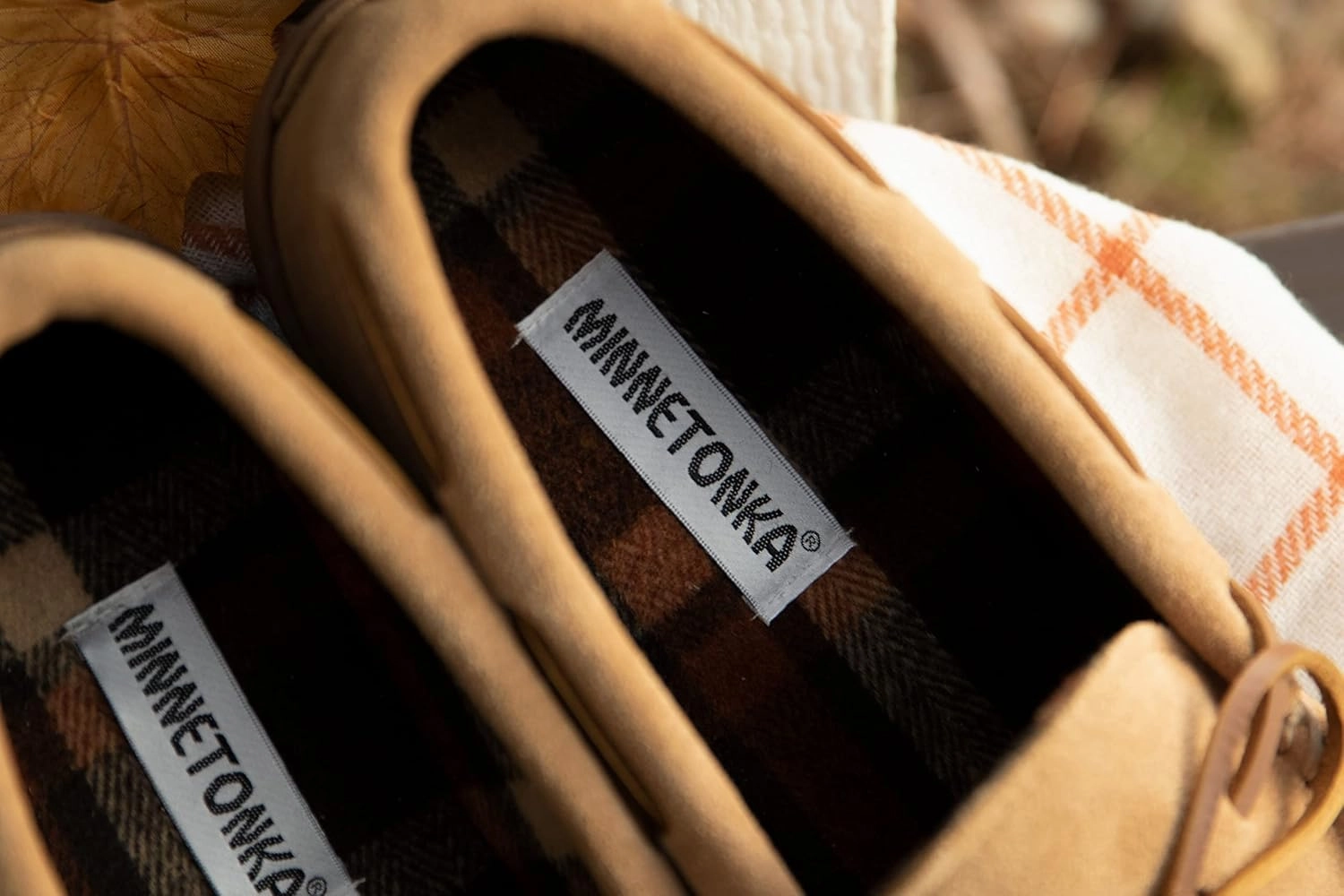 Minnetonka Plaid Lined Hardsole - Moccasin Slippers for Men Made with Suede Upper, Rubber Sole, Plush Interior, Fleece Lining, Rawhide Lace, and Traditional Moccasin Design