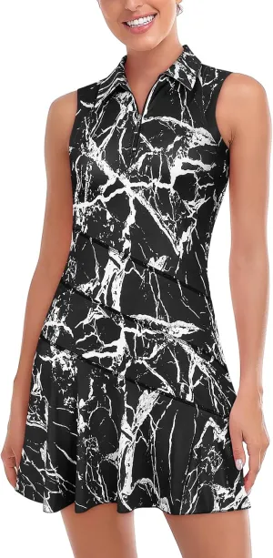 Misyula Tennis Dresses for Women,Athletic Dress with Shorts 2Pockets Zip Up Polo Sleeveless Golf Workout Dress(XS-XL)