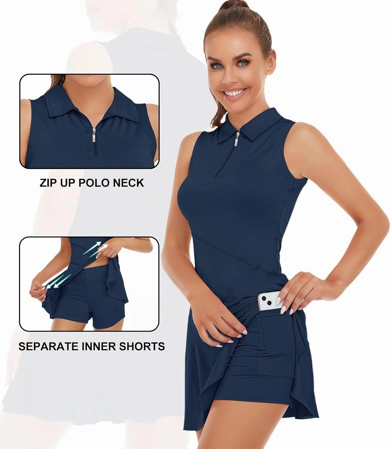 Misyula Tennis Dresses for Women,Athletic Dress with Shorts 2Pockets Zip Up Polo Sleeveless Golf Workout Dress(XS-XL)