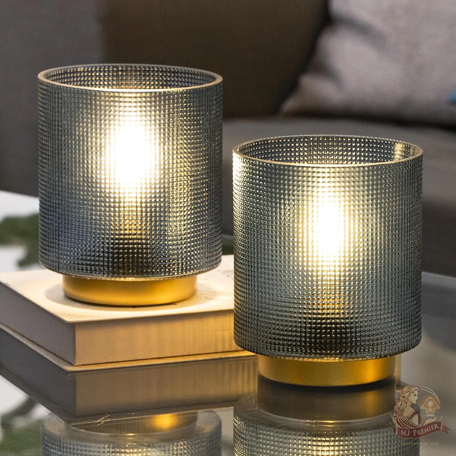 MJ PREMIER Battery Operated Lamp with Timer, Small Cordless Table Lamp for Bedroom, Glass Battery Powered Accent Lamps for Living Room Bedside Nightstand Home Decor Set of 2 (Blue)