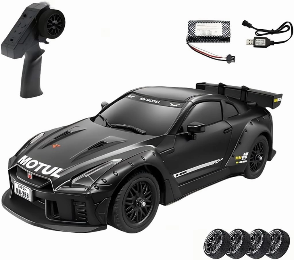 MN-268 1:16 RC Drift Car – RWD GTR R35 with Gyro, LED Lights, 7.4V 1200mAh Battery, 2.4GHz Remote, 2 Sets of Tires for Grip & Drift (Black)