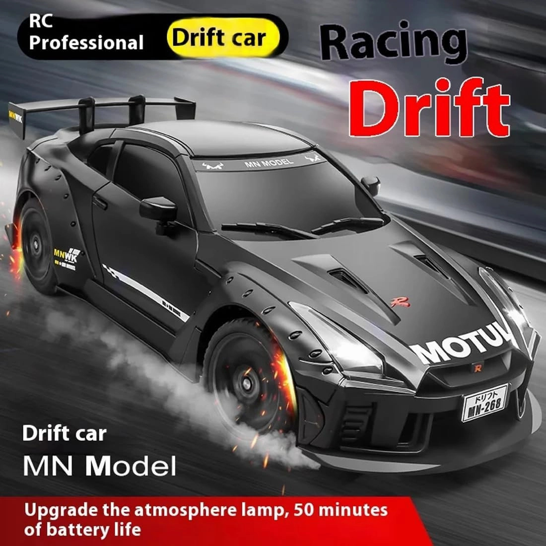 MN-268 1:16 RC Drift Car – RWD GTR R35 with Gyro, LED Lights, 7.4V 1200mAh Battery, 2.4GHz Remote, 2 Sets of Tires for Grip & Drift (Black)