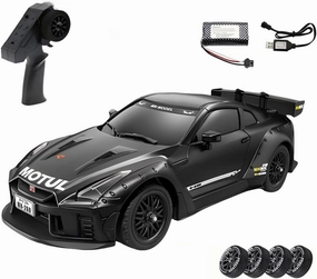 MN-268 1:16 RC Drift Car – RWD GTR R35 with Gyro, LED Lights, 7.4V 1200mAh Battery, 2.4GHz Remote, 2 Sets of Tires for Grip & Drift (Black)