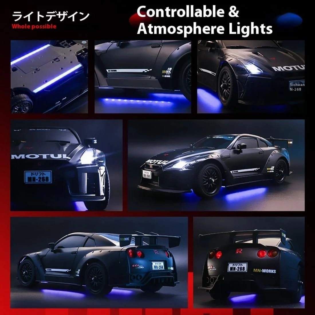 MN-268 1:16 RC Drift Car – RWD GTR R35 with Gyro, LED Lights, 7.4V 1200mAh Battery, 2.4GHz Remote, 2 Sets of Tires for Grip & Drift (Black)
