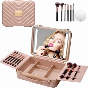 Mocado Travel Makeup Case with Lighted Mirror, Makeup Box with 8 Makeup Brushes and 10x Magnifying Mirror,Cosmetic Case Adjustable Brightness Makeup Train Case with Makeup Brushes Divider(Pink)