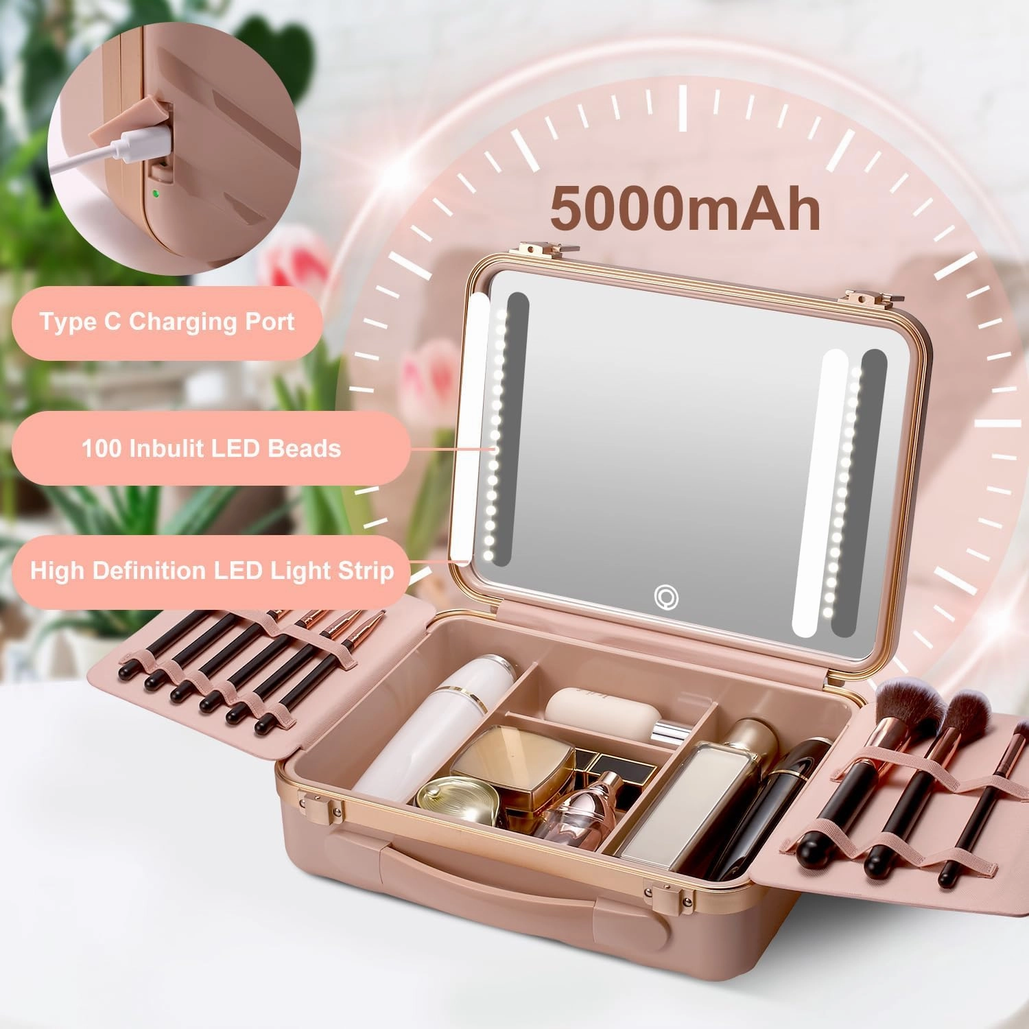 Mocado Travel Makeup Case with Lighted Mirror, Makeup Box with 8 Makeup Brushes and 10x Magnifying Mirror,Cosmetic Case Adjustable Brightness Makeup Train Case with Makeup Brushes Divider(Pink)
