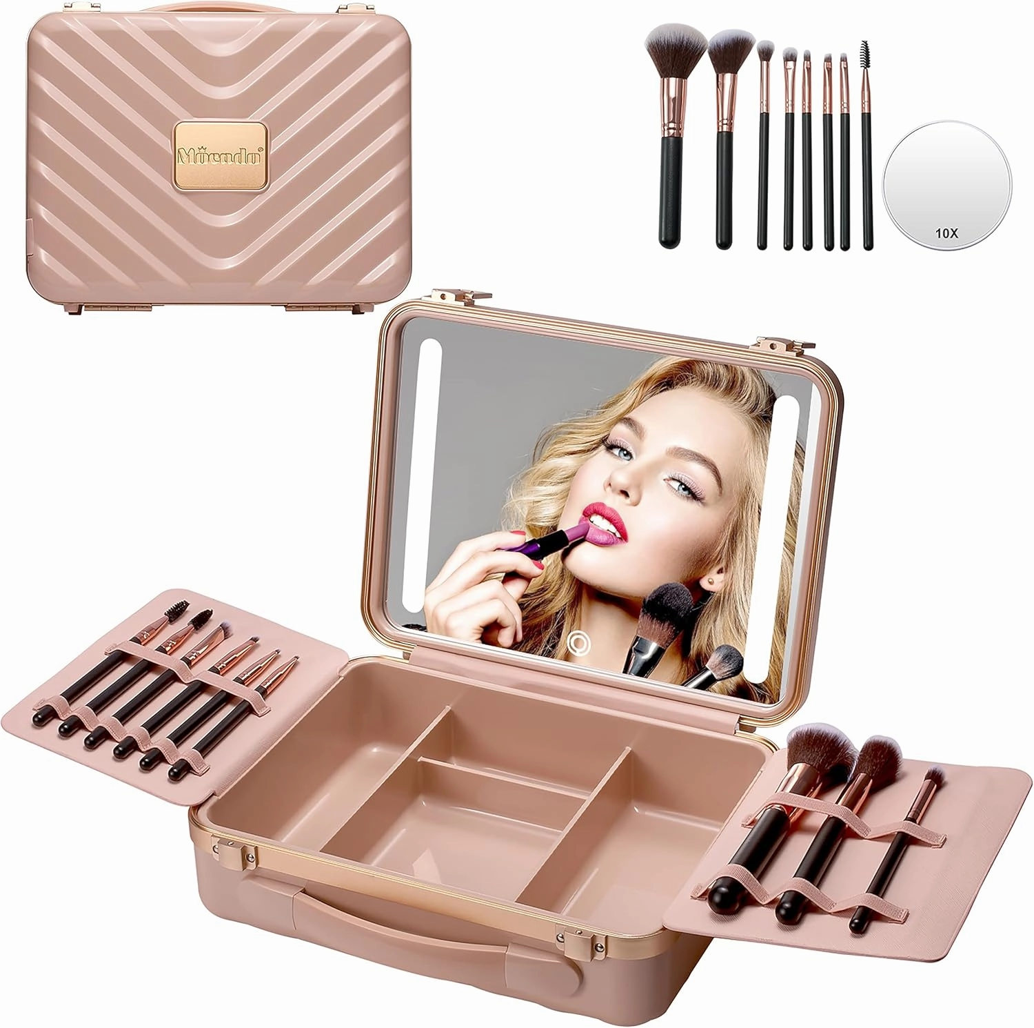 Mocado Travel Makeup Case with Lighted Mirror, Makeup Box with 8 Makeup Brushes and 10x Magnifying Mirror,Cosmetic Case Adjustable Brightness Makeup Train Case with Makeup Brushes Divider(Pink)