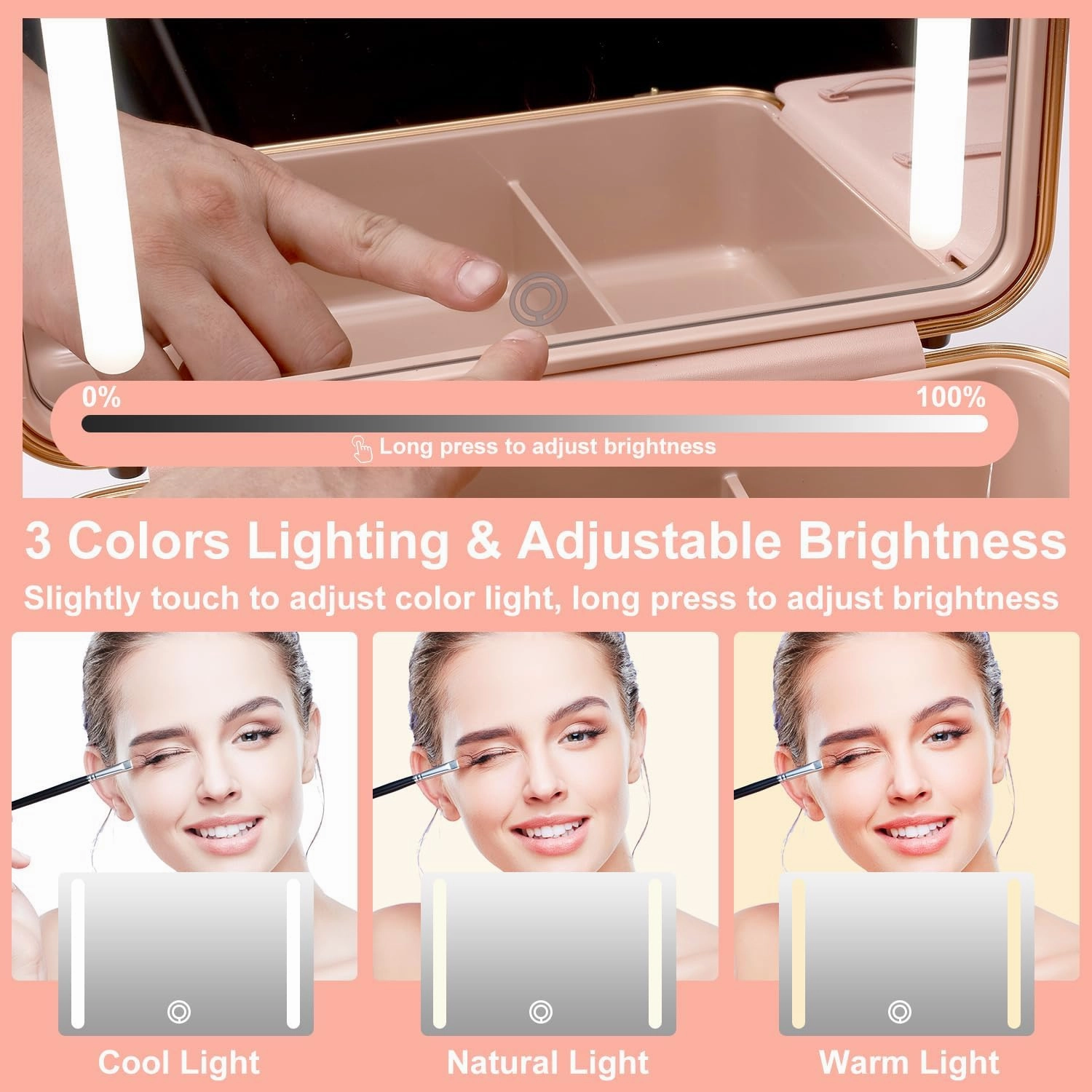Mocado Travel Makeup Case with Lighted Mirror, Makeup Box with 8 Makeup Brushes and 10x Magnifying Mirror,Cosmetic Case Adjustable Brightness Makeup Train Case with Makeup Brushes Divider(Pink)