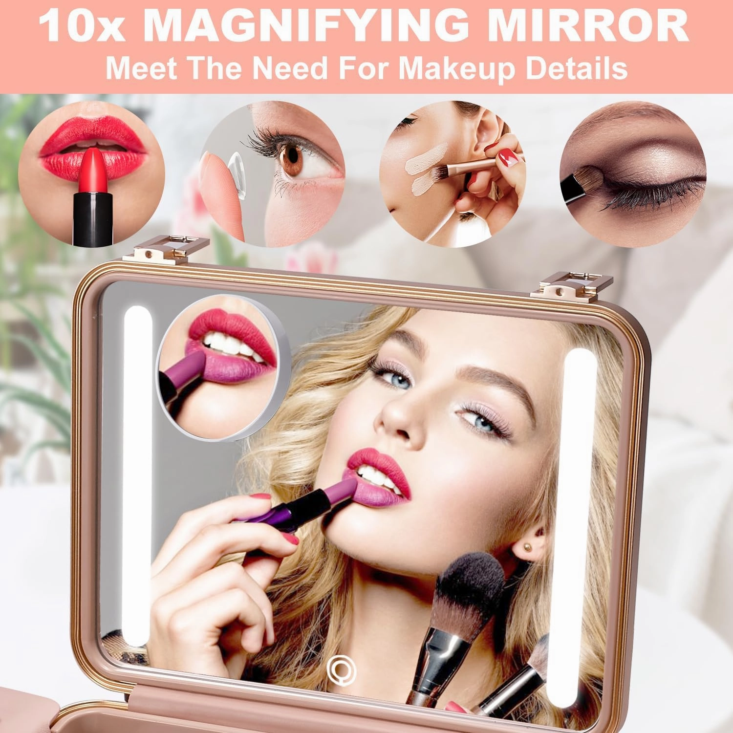Mocado Travel Makeup Case with Lighted Mirror, Makeup Box with 8 Makeup Brushes and 10x Magnifying Mirror,Cosmetic Case Adjustable Brightness Makeup Train Case with Makeup Brushes Divider(Pink)