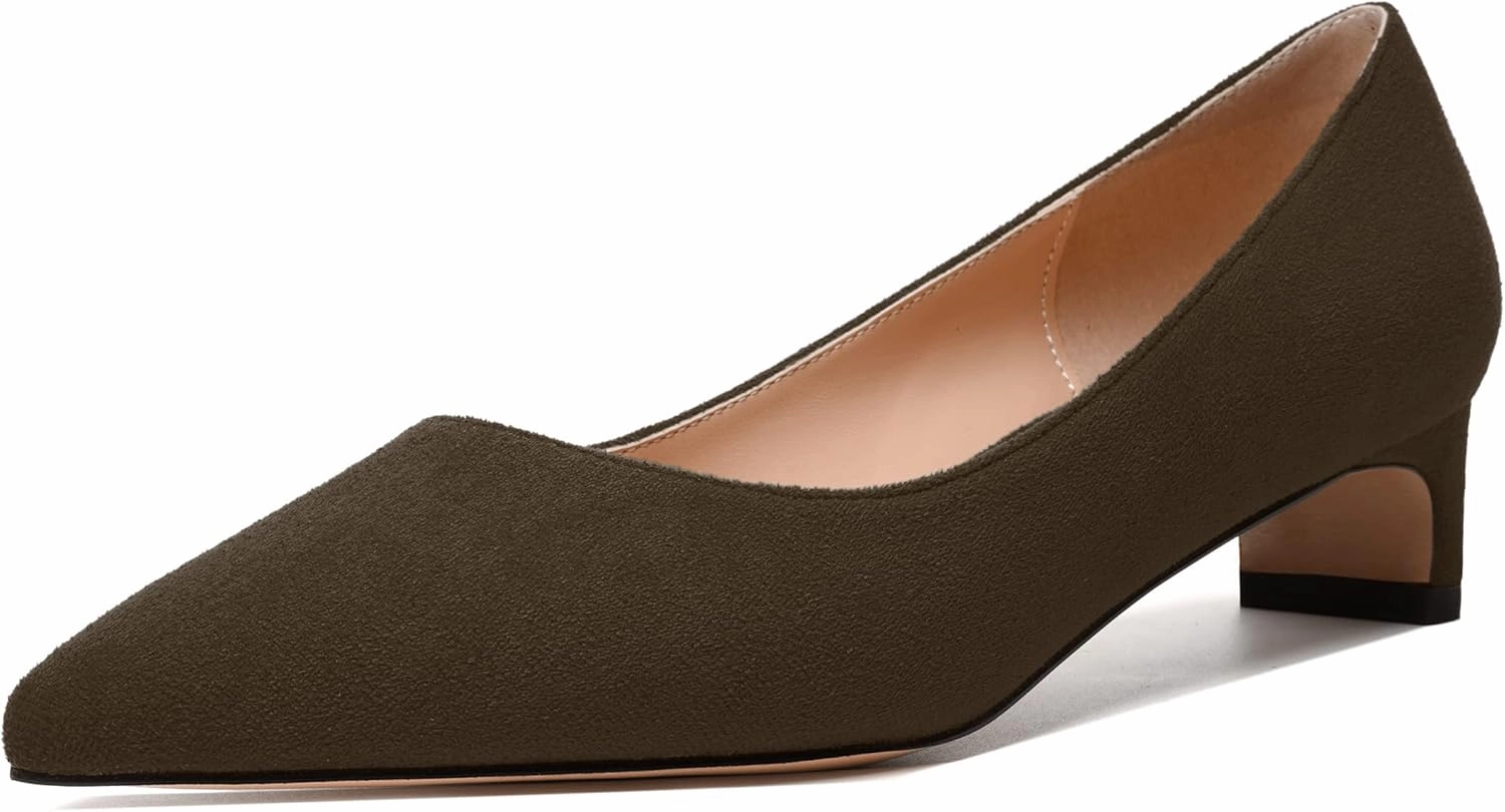 MODENCOCO Womens Pointed Toe Casual Slip On Fashion Wedding Suede Chunky Low Heel Pumps Dressy Shoes 1.5 Inch