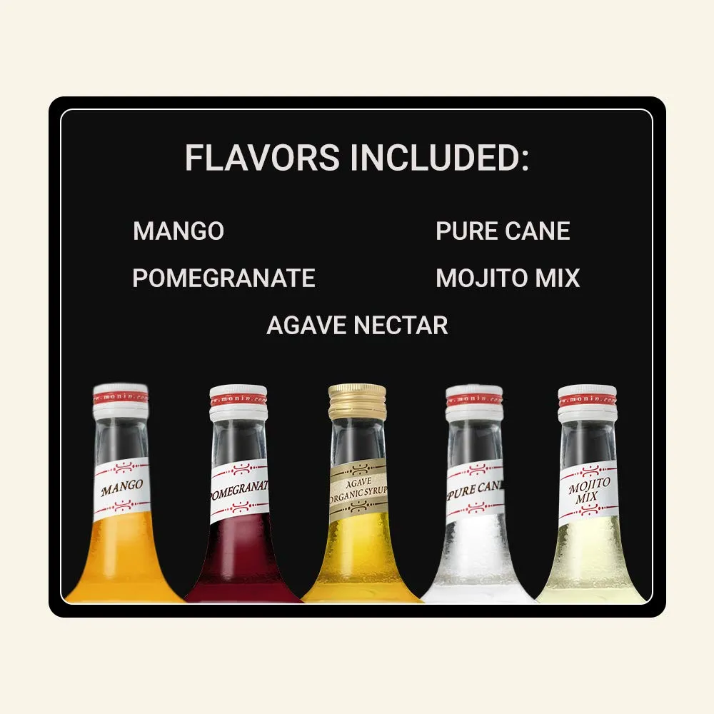Monin - 5 Flavor Classic Cocktail Collection: Pomegranate, Mojito, Agave Nectar, Mango, and Pure Cane Syrups, Natural Flavors, Great for Classic Happy Hour Cocktails, Non-GMO, Gluten-Free (50 ml per bottle)