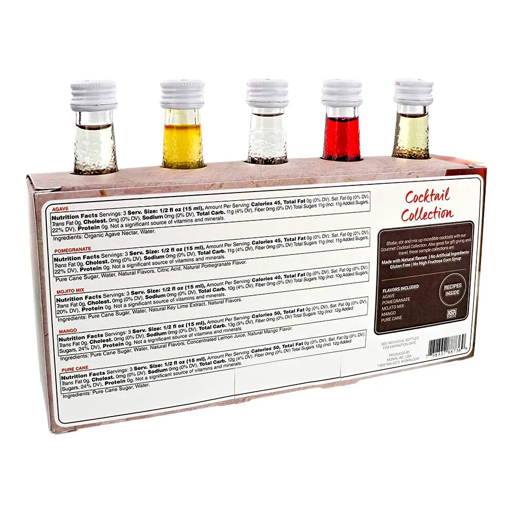 Monin - 5 Flavor Classic Cocktail Collection: Pomegranate, Mojito, Agave Nectar, Mango, and Pure Cane Syrups, Natural Flavors, Great for Classic Happy Hour Cocktails, Non-GMO, Gluten-Free (50 ml per bottle)