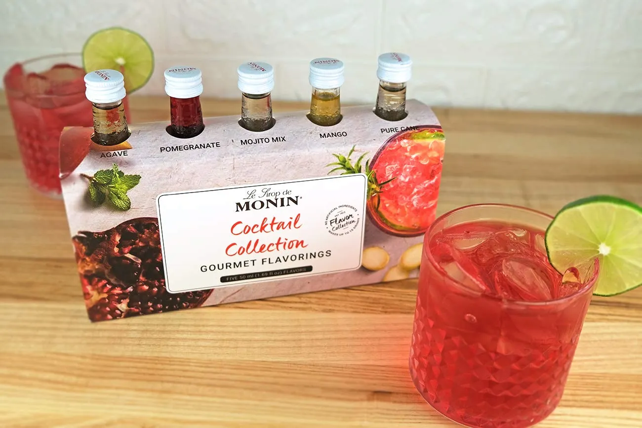 Monin - 5 Flavor Classic Cocktail Collection: Pomegranate, Mojito, Agave Nectar, Mango, and Pure Cane Syrups, Natural Flavors, Great for Classic Happy Hour Cocktails, Non-GMO, Gluten-Free (50 ml per bottle)