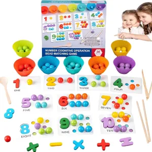 Montessori Arithmetic Math Toy Set, Silicone Digital Learning with Beads, Chopsticks & Spoons, Toddler Montessori Toys for 3 4 5 Year Old, Number Blocks Toy for Children Gifts (Wooden Clips)