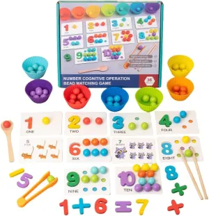 Montessori Arithmetic Math Toy Set,Number Crunching Clip Bead Matching Game,Number Blocks,Silicone Digital Learning with Beads, Chopsticks & Spoons, Montessoris Toys,Boy Girl Birthday Gift