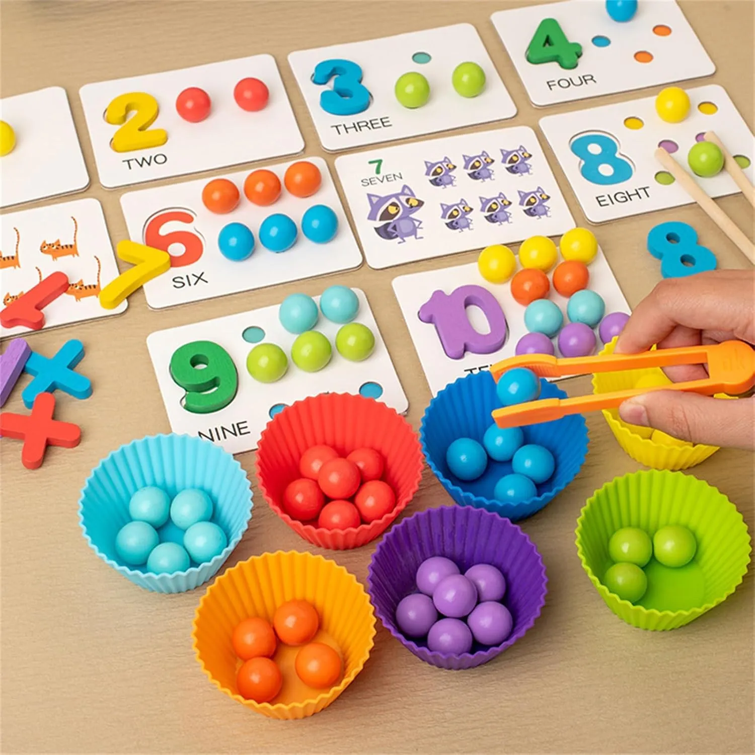 Montessori Arithmetic Math Toy Set,Silicone Digital Learning with Beads,Chopsticks & Spoons, Montessori Toys, Number Crunching Clip Bead Matching, Number Blocks,Wooden Toy for Children Gifts (1pc)