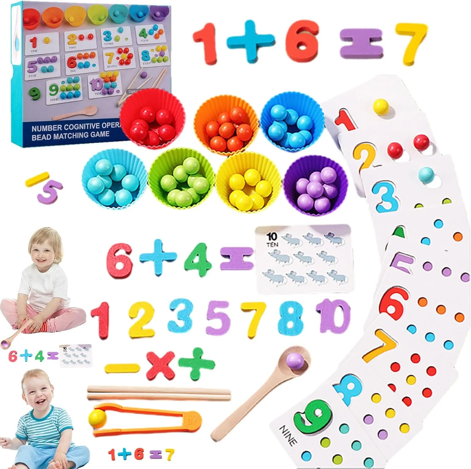 Montessori Arithmetic Math Toy Set,Silicone Digital Learning with Beads,Chopsticks & Spoons, Montessori Toys, Number Crunching Clip Bead Matching, Number Blocks,Wooden Toy for Children Gifts (1pc)