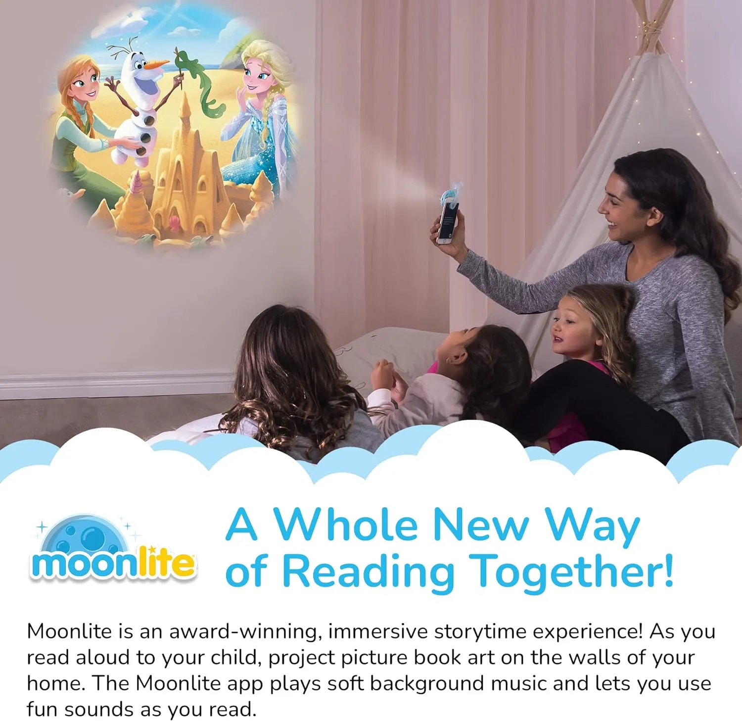 Moonlite Storytime Mini Projector with 4 Disney Frozen Stories, A Magical Way to Read Together, Digital Princess Storybooks, Fun Sound Effects, Learning Gifts for Kids Ages 1 and Up