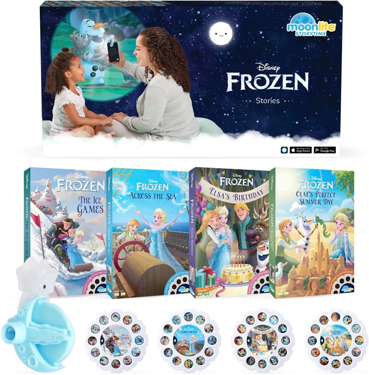 Moonlite Storytime Mini Projector with 4 Disney Frozen Stories, A Magical Way to Read Together, Digital Princess Storybooks, Fun Sound Effects, Learning Gifts for Kids Ages 1 and Up