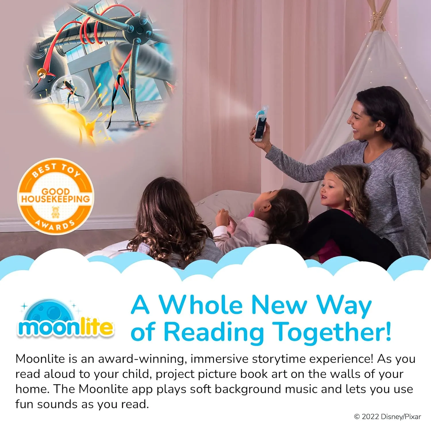 Moonlite Storytime Mini Projector with 4 Pixar Stories, A Magical Way to Read Together, Digital Storybooks, Fun Sound Effects - Toy Story, Cars, Incredibles, Monsters Inc - Gifts for Kids Age 1 and Up