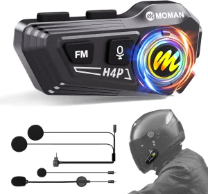 Motorcycle Helmet Headset, Moman RS-H4P Motorbike Headphone BT5.1 with Hi-Fi Speakers Dual Noise Reduction【New Upgrade】in RGB/FM/Glove-Friendly Button/Hands-Free Call/AI Voice Earphone for Solo Riding