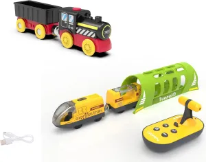 Motorized Train Toy for Wooden Tracks, Battery Operated Locomotive Train with Tunnel Compatible for Thomas, Brio, Chuggington