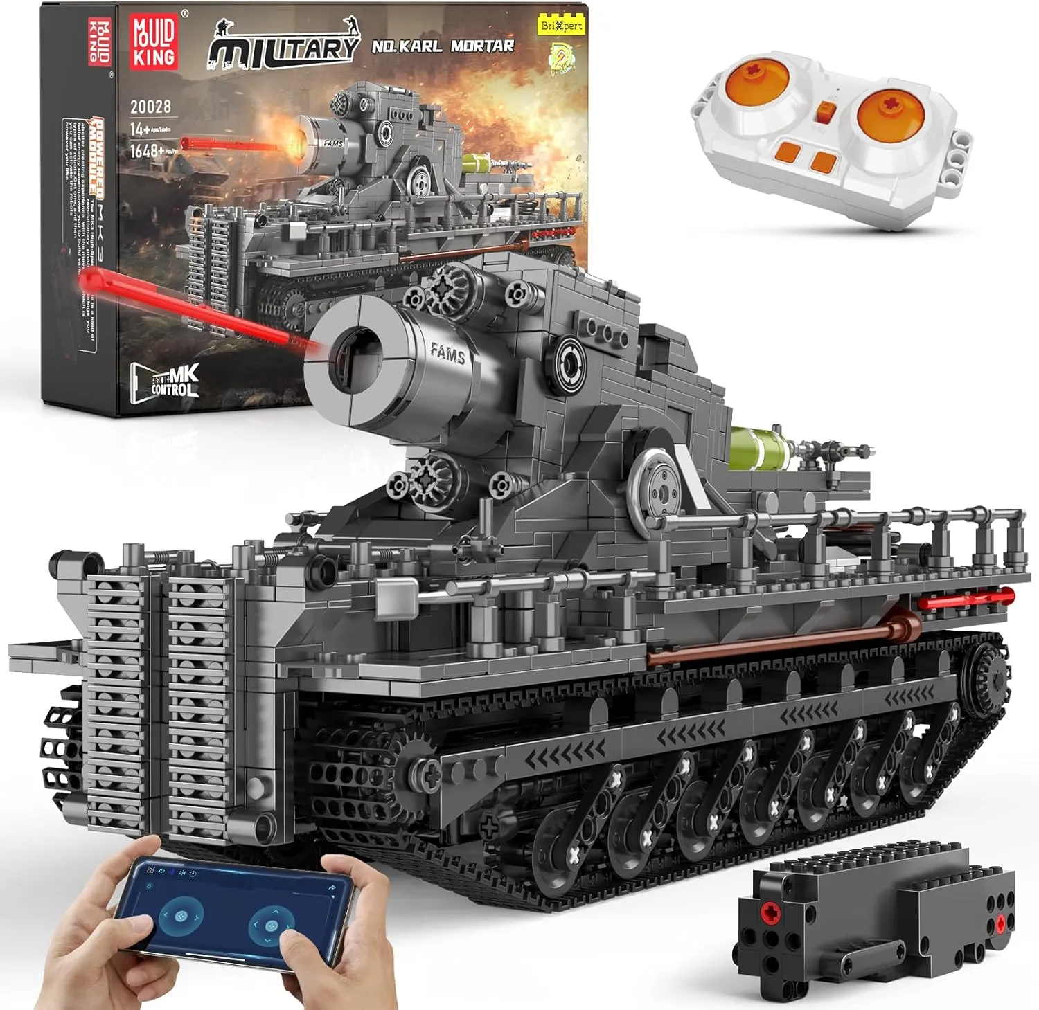 Mould King WW2 RC Shootable Tank, 20028 Army Military Vehicles Tank Model Construction Blocks Sets Remove APP Control, Collectible Model Building Block Kits Tanks Sets for Adult/Teens/Kids (1648PCS)