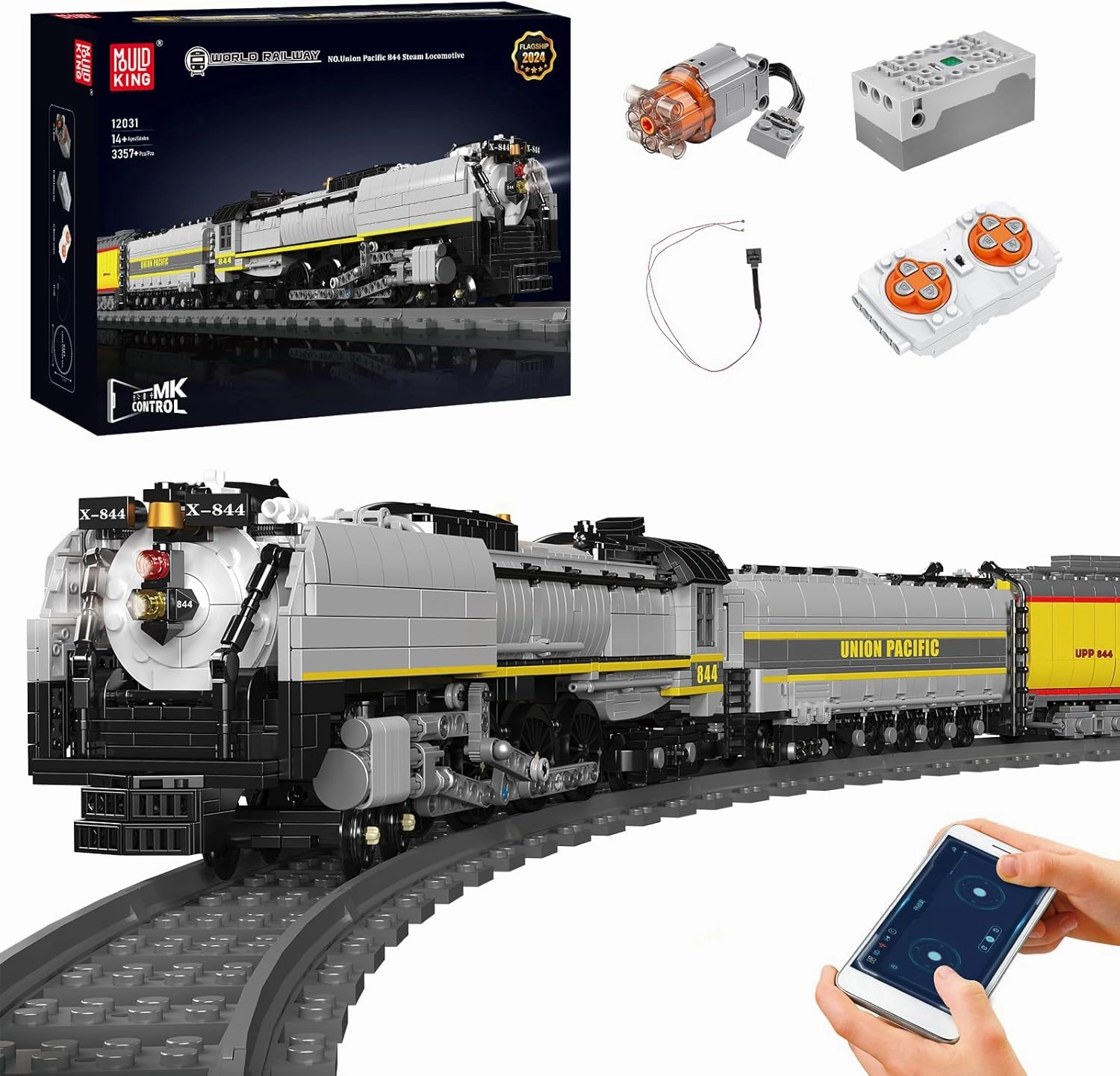 Mould King 12031 UP844 Steam Train Building Kit for Boys, Remote Controlled Locomotive Train Blocks Set with LED Light and Train Tracks, Collectible Steam Locomotive Display Model (3357 Piece)