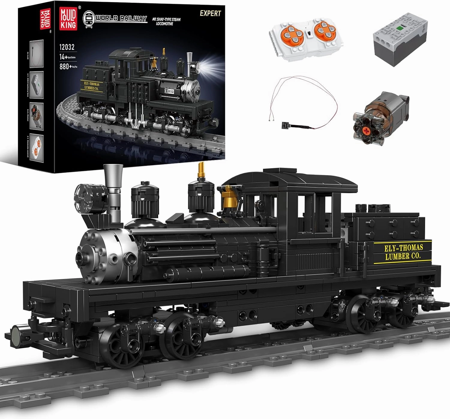 Mould King 12032 Train Building Block Kits, MOC Shay-Type Steam Locomotive Model Train Set with LED Lighting, Remote/App Control Toy Train with Tracks for Adults/Kids (880  PCS)