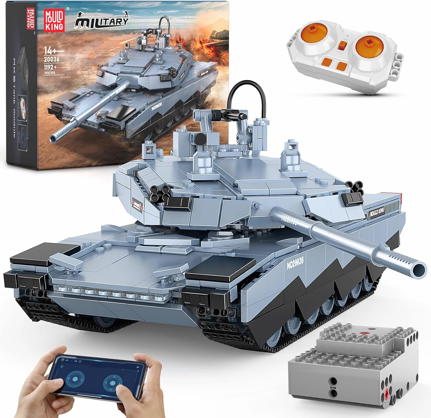 Mould King RC Tank WW2 Abrams-X, 20036 Military Vehicles Building Blocks Sets, Army Tank Model Construction Block Kits &APP/Remote Control, Collectible Model Tanks Sets for Adult/Teens/Kids(1192PCS)