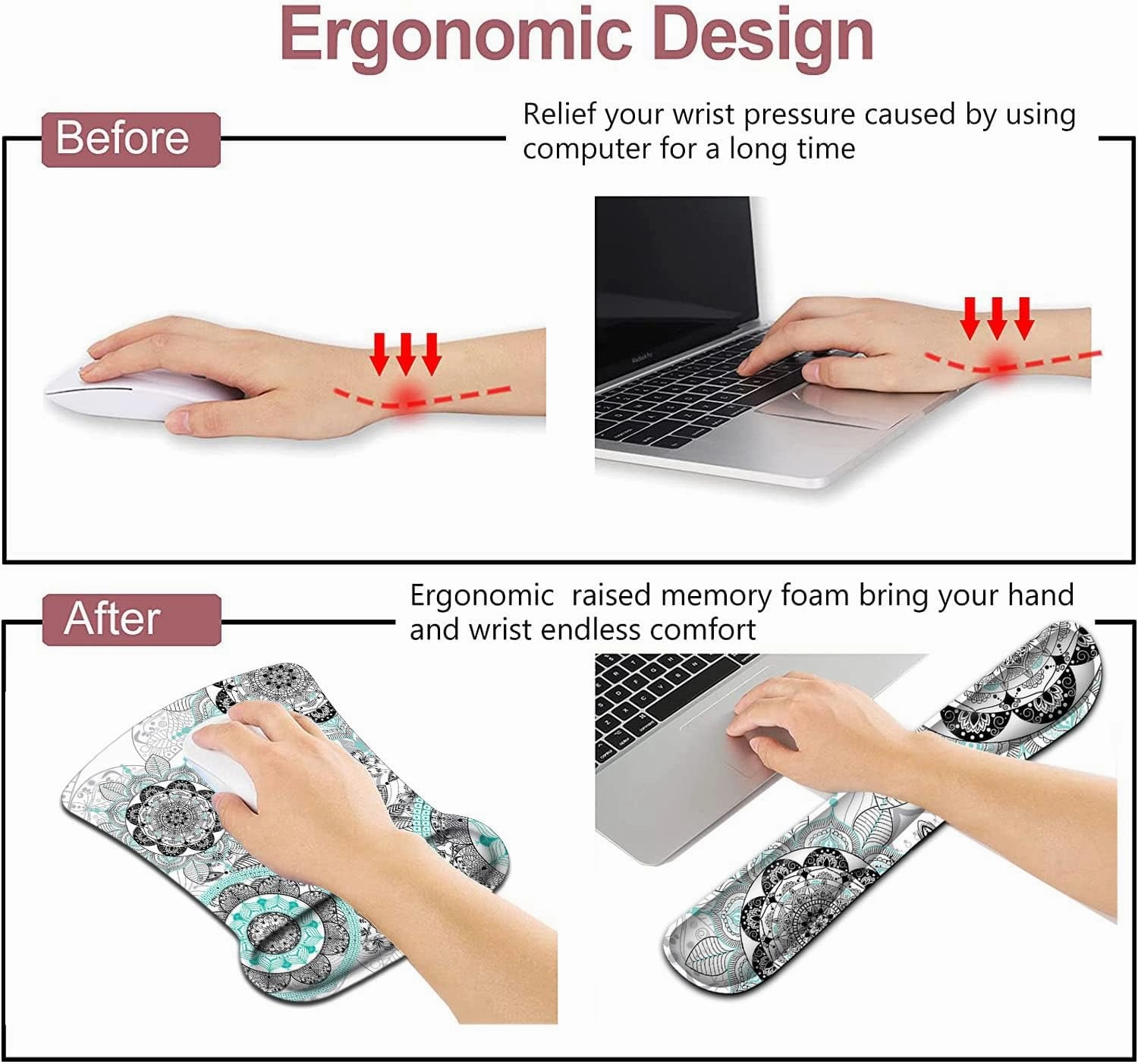 Mouse Pad with Wrist Support, Ergonomic Gel Mouse Pad, White Mandala Flowers Non-Slip and Durable, Memory Foam Keyboard Wrist Rest, Suitable for Office Typing, Games, Non-Slip and Durable