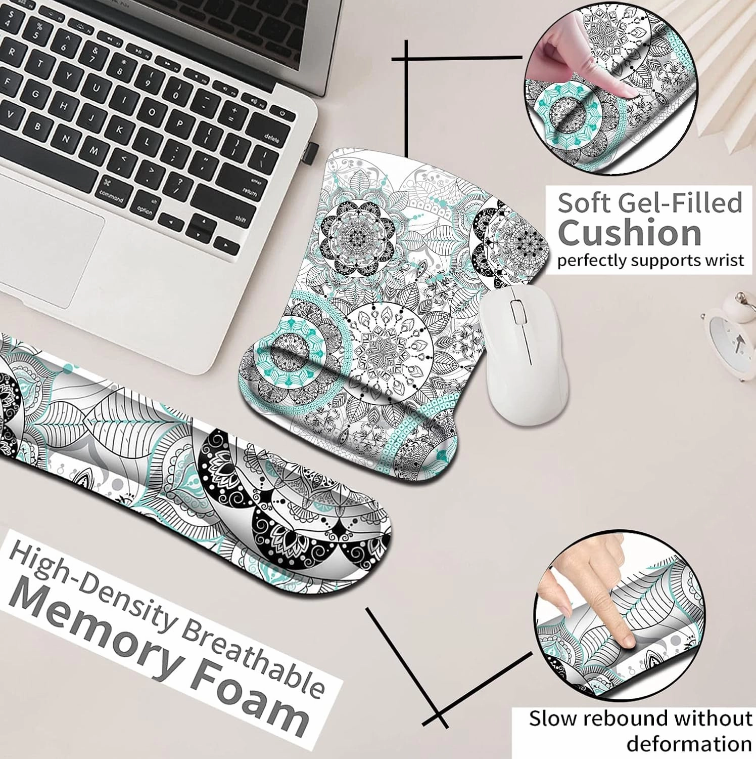 Mouse Pad with Wrist Support, Ergonomic Gel Mouse Pad, White Mandala Flowers Non-Slip and Durable, Memory Foam Keyboard Wrist Rest, Suitable for Office Typing, Games, Non-Slip and Durable