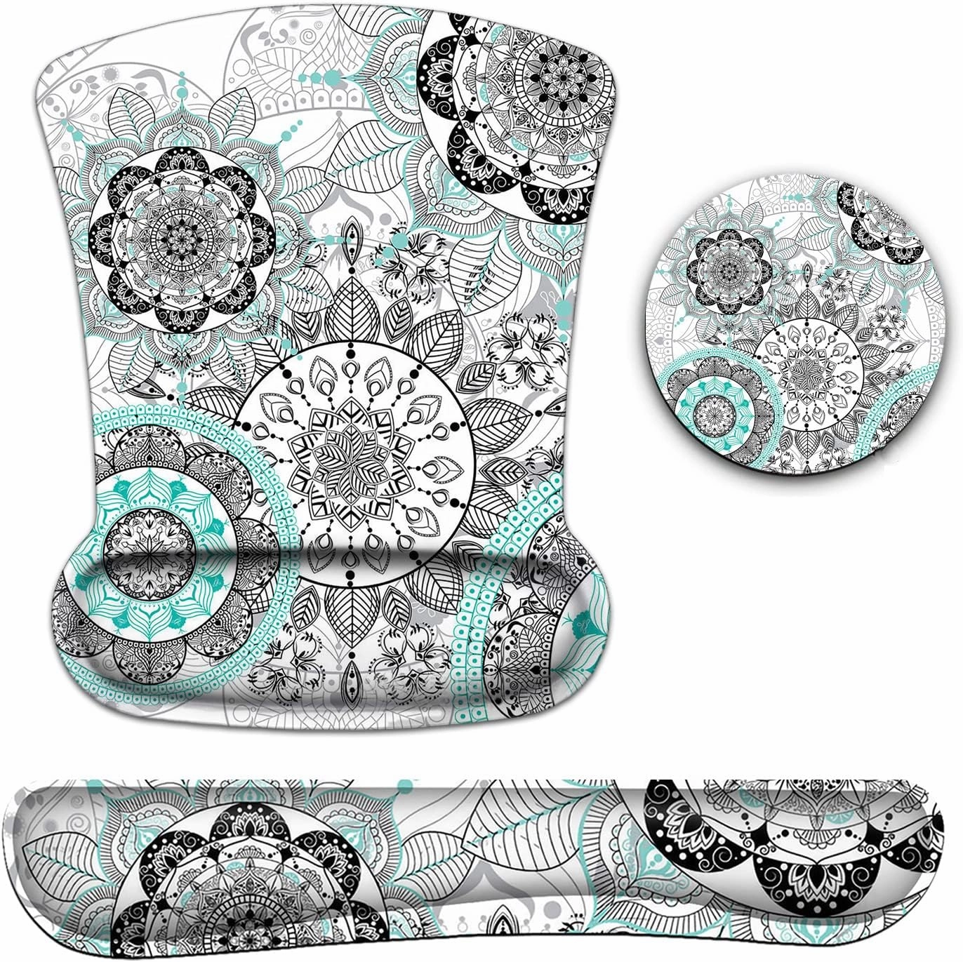 Mouse Pad with Wrist Support, Ergonomic Gel Mouse Pad, White Mandala Flowers Non-Slip and Durable, Memory Foam Keyboard Wrist Rest, Suitable for Office Typing, Games, Non-Slip and Durable