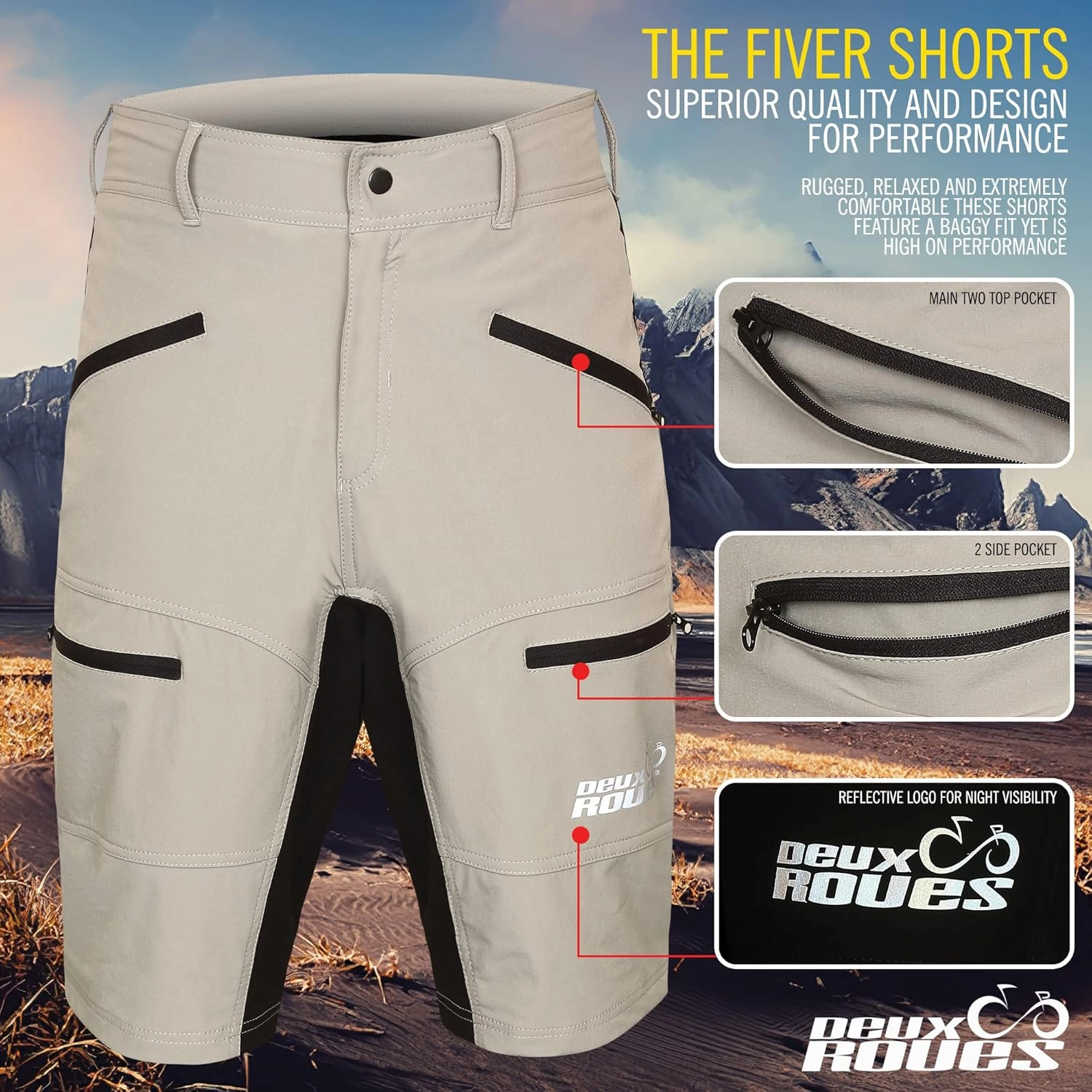 MTB Mountain Bike Shorts - The FIVER - 4D Padded Baggy Bicycle Cycling Biking Bike Shorts Loose-fit - 5 Zippered Pockets