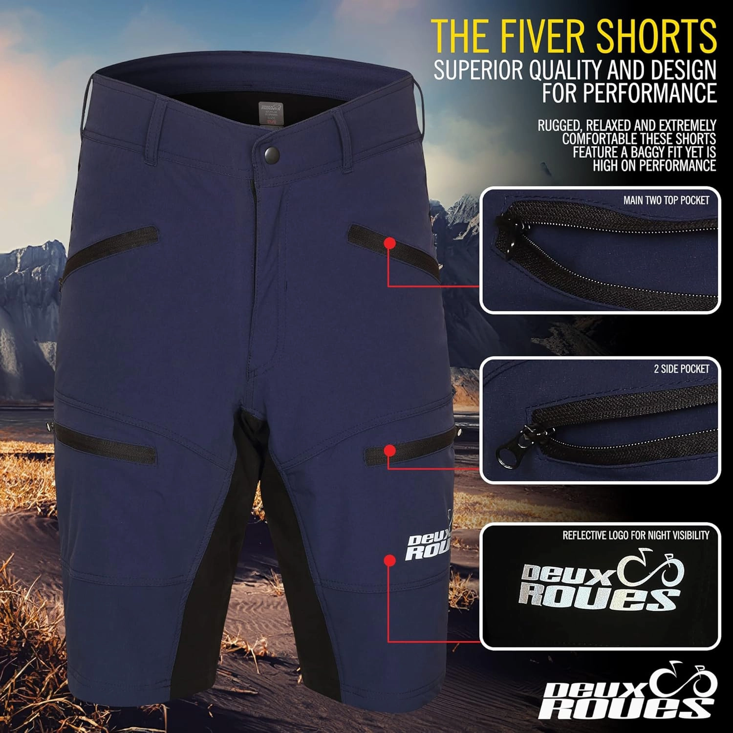 MTB Mountain Bike Shorts - The FIVER - 4D Padded Baggy Bicycle Cycling Biking Bike Shorts Loose-fit - 5 Zippered Pockets