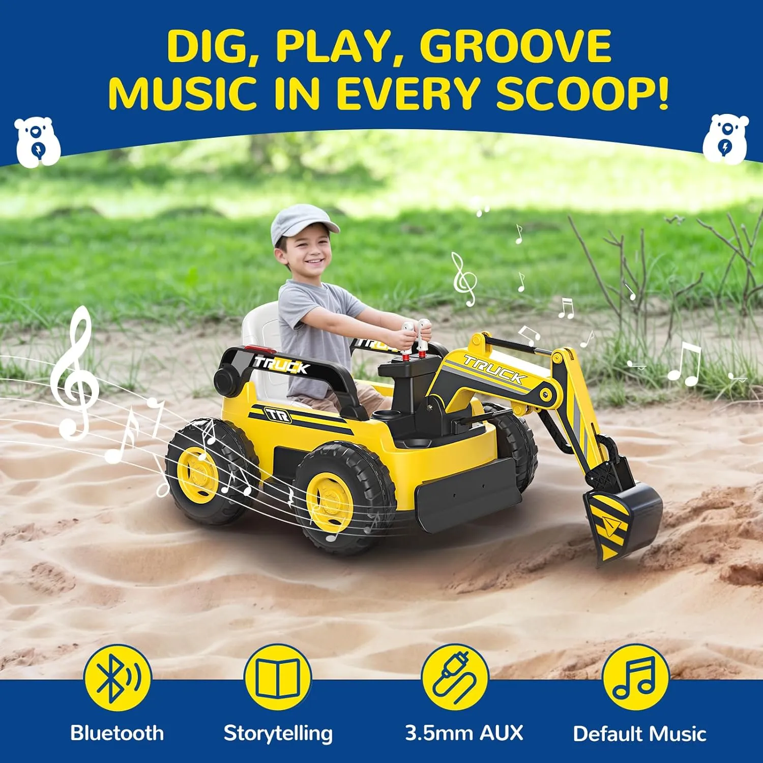 N9 Ride on Excavator, 4WD Ride on Car w/Fully Electric Digging Arm, 4x75W Motor for All-Terrain, 12V 10AH Large Battery, Remote Control, Bluetooth, Xmas & Birthday Gift Ideas for Kids Ages 3-8