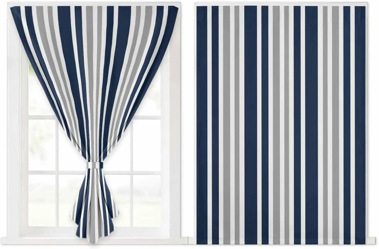 Navy Blue Grey Striped Self Adhesive Blackout Curtains with Tiebacks,Portable Rod Pocket Living Room Darkening Curtains,Modern Minimalist Ombre Lines Thermal Insulated Windows Cover,52Wx84H