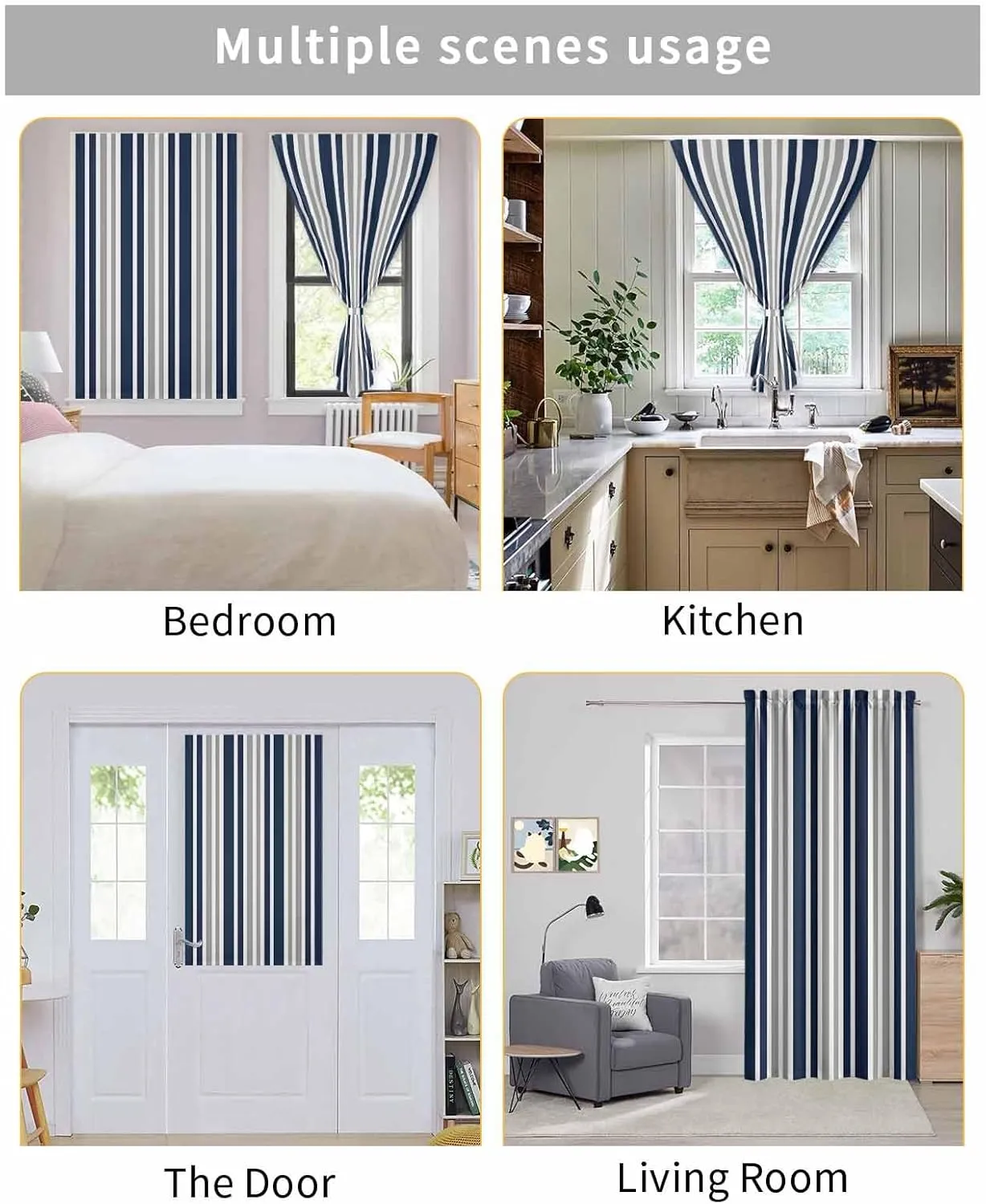 Navy Blue Grey Striped Self Adhesive Blackout Curtains with Tiebacks,Portable Rod Pocket Living Room Darkening Curtains,Modern Minimalist Ombre Lines Thermal Insulated Windows Cover,52Wx84H
