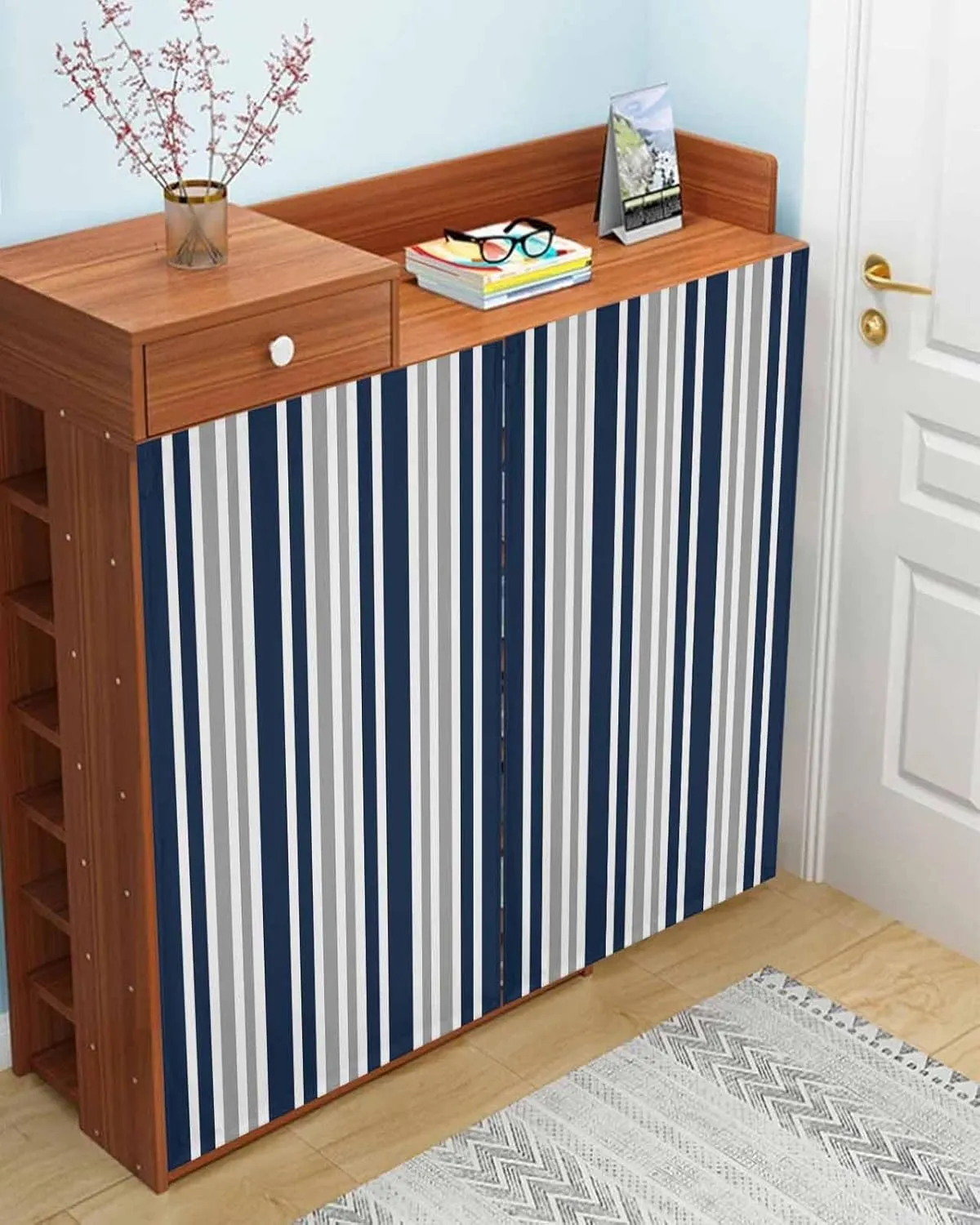 Navy Blue Grey Striped Self Adhesive Blackout Curtains with Tiebacks,Portable Rod Pocket Living Room Darkening Curtains,Modern Minimalist Ombre Lines Thermal Insulated Windows Cover,52Wx84H