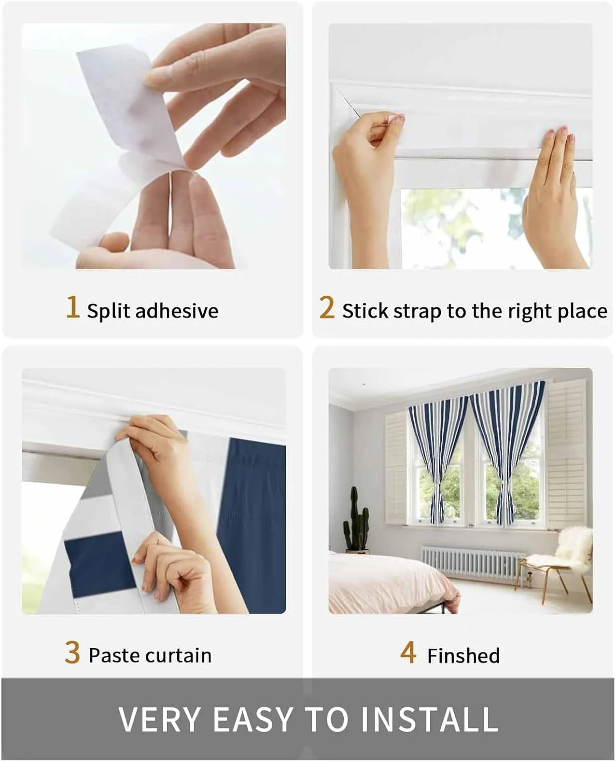 Navy Blue Grey Striped Self Adhesive Blackout Curtains with Tiebacks,Portable Rod Pocket Living Room Darkening Curtains,Modern Minimalist Ombre Lines Thermal Insulated Windows Cover,52Wx84H