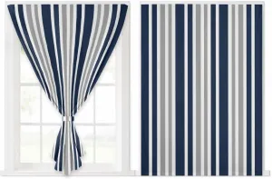 Navy Blue Grey Striped Self Adhesive Blackout Curtains with Tiebacks,Portable Rod Pocket Living Room Darkening Curtains,Modern Minimalist Ombre Lines Thermal Insulated Windows Cover,52Wx84H