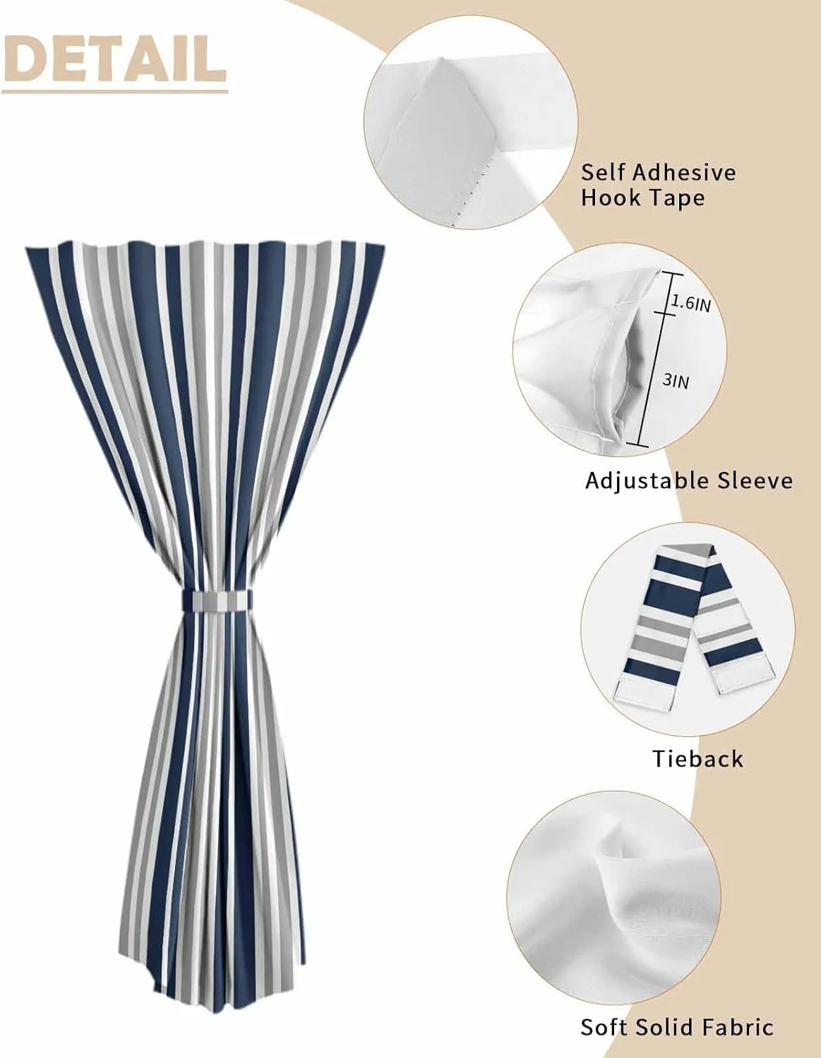Navy Blue Grey Striped Self Adhesive Blackout Curtains with Tiebacks,Portable Rod Pocket Living Room Darkening Curtains,Modern Minimalist Ombre Lines Thermal Insulated Windows Cover,52Wx84H
