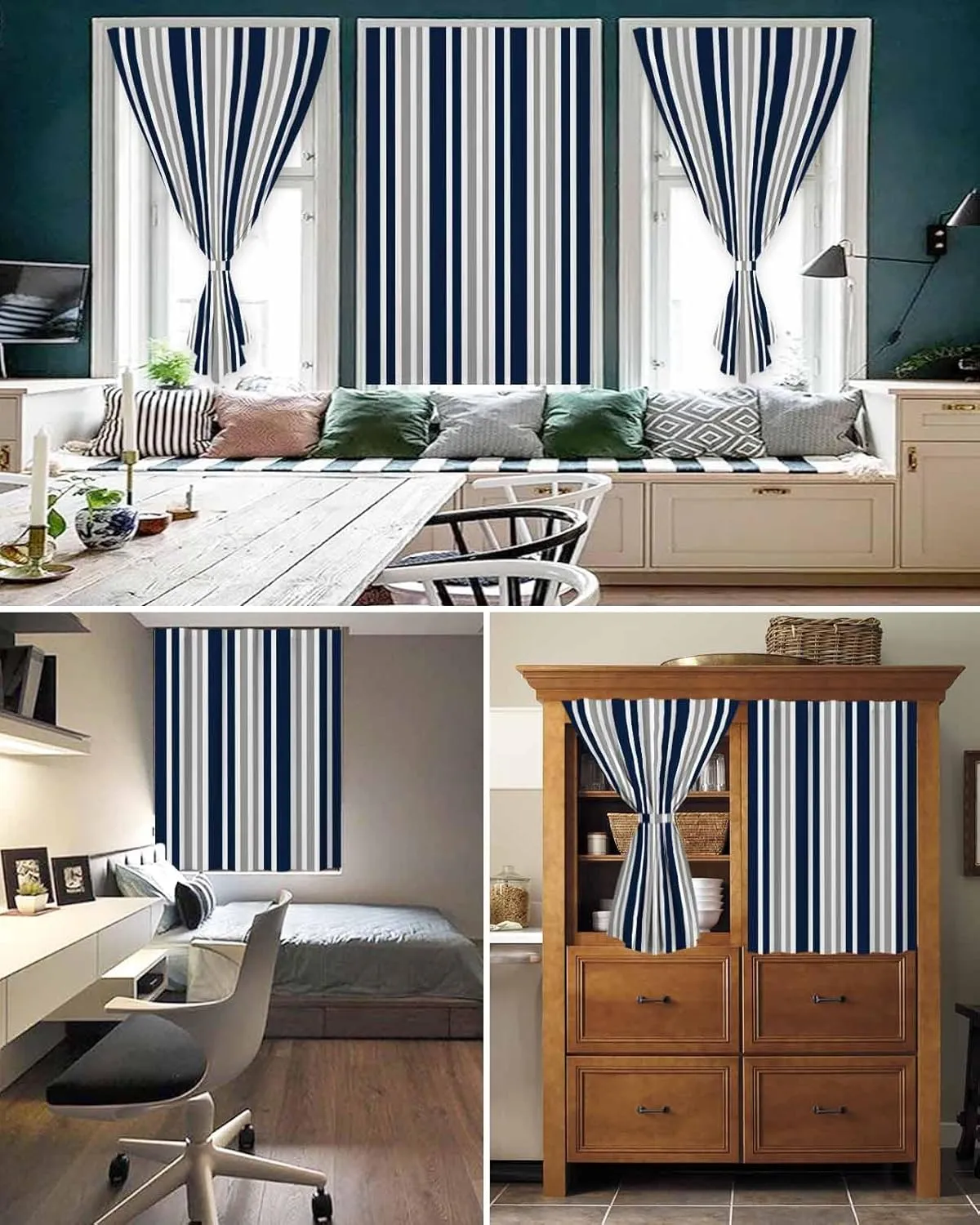 Navy Blue Grey Striped Self Adhesive Blackout Curtains with Tiebacks,Portable Rod Pocket Living Room Darkening Curtains,Modern Minimalist Ombre Lines Thermal Insulated Windows Cover,52Wx84H