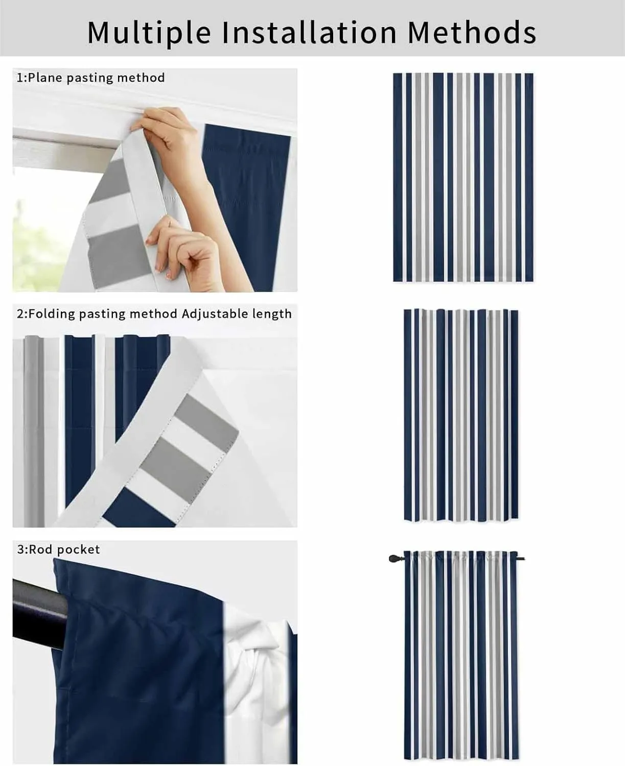 Navy Blue Grey Striped Self Adhesive Blackout Curtains with Tiebacks,Portable Rod Pocket Living Room Darkening Curtains,Modern Minimalist Ombre Lines Thermal Insulated Windows Cover,52Wx84H