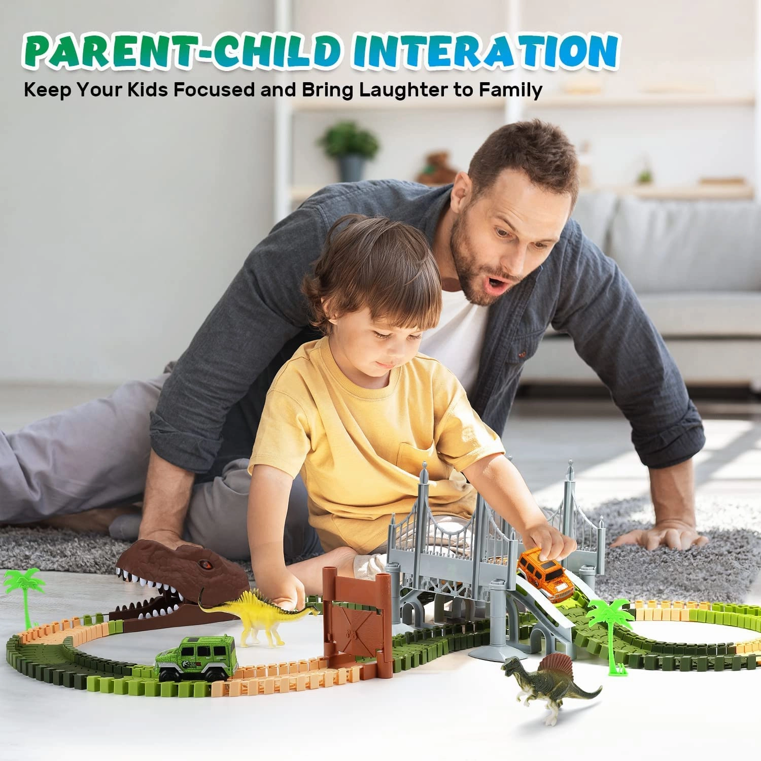 New EagleStone Dinosaur Toys Race Track Set 194 PCS for Kids, Flexible Train Tracks with 2 Dinosaurs Figures,1 Bridge,2 Electric Cars Vehicle Playset with LED Lights!