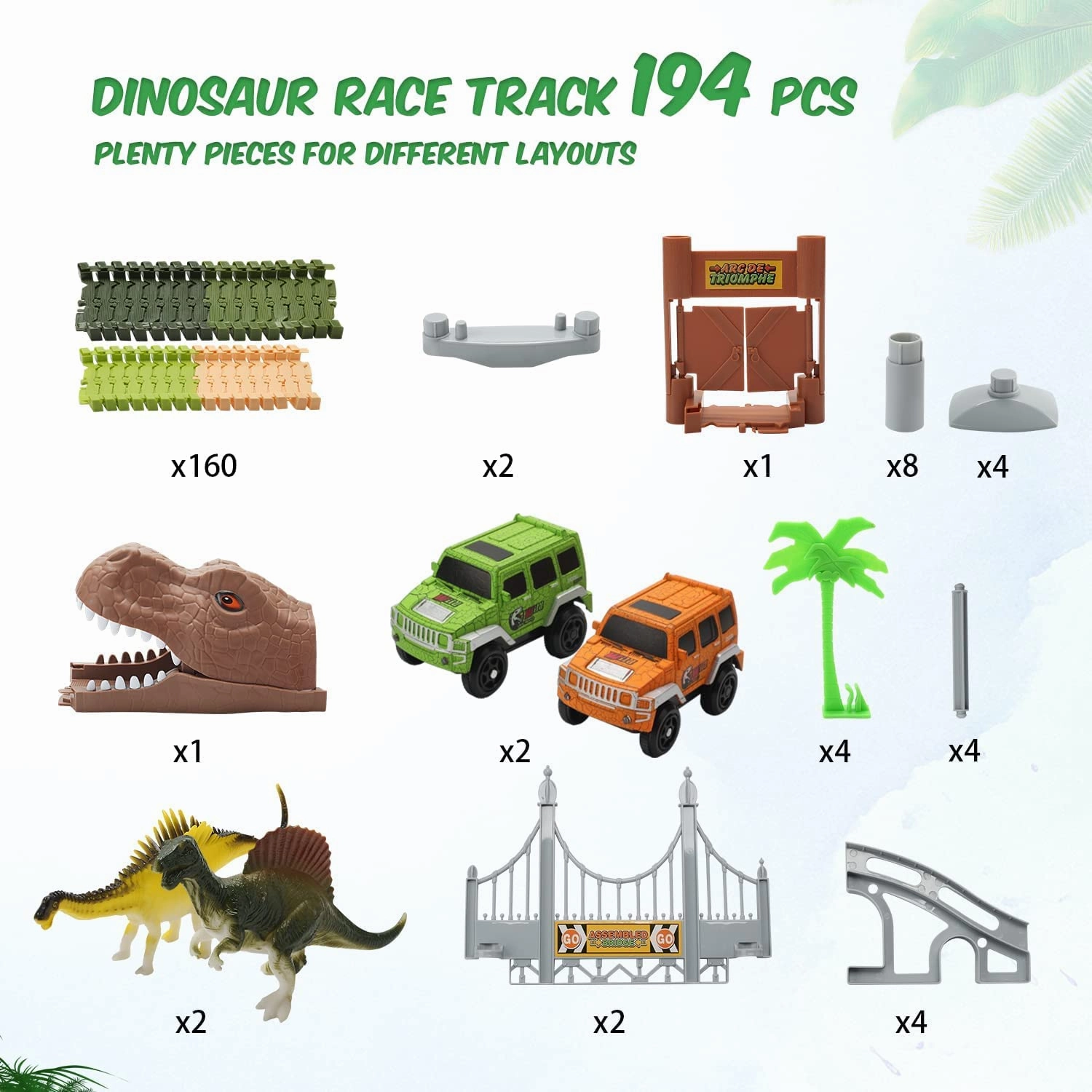 New EagleStone Dinosaur Toys Race Track Set 194 PCS for Kids, Flexible Train Tracks with 2 Dinosaurs Figures,1 Bridge,2 Electric Cars Vehicle Playset with LED Lights!