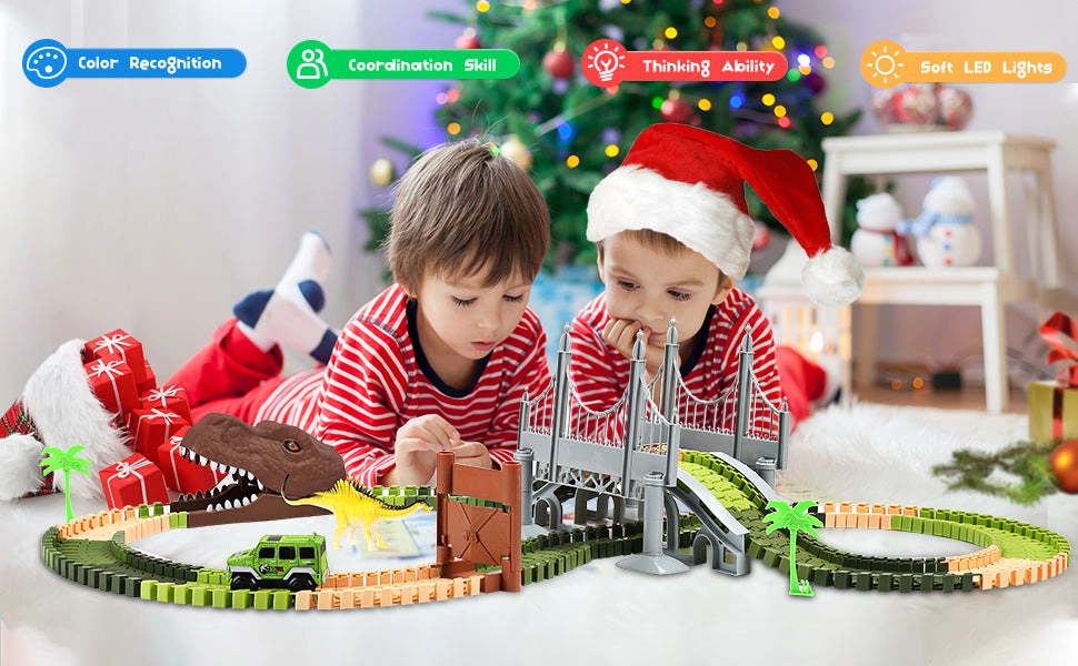 New EagleStone Dinosaur Toys Race Track Set 194 PCS for Kids, Flexible Train Tracks with 2 Dinosaurs Figures,1 Bridge,2 Electric Cars Vehicle Playset with LED Lights!