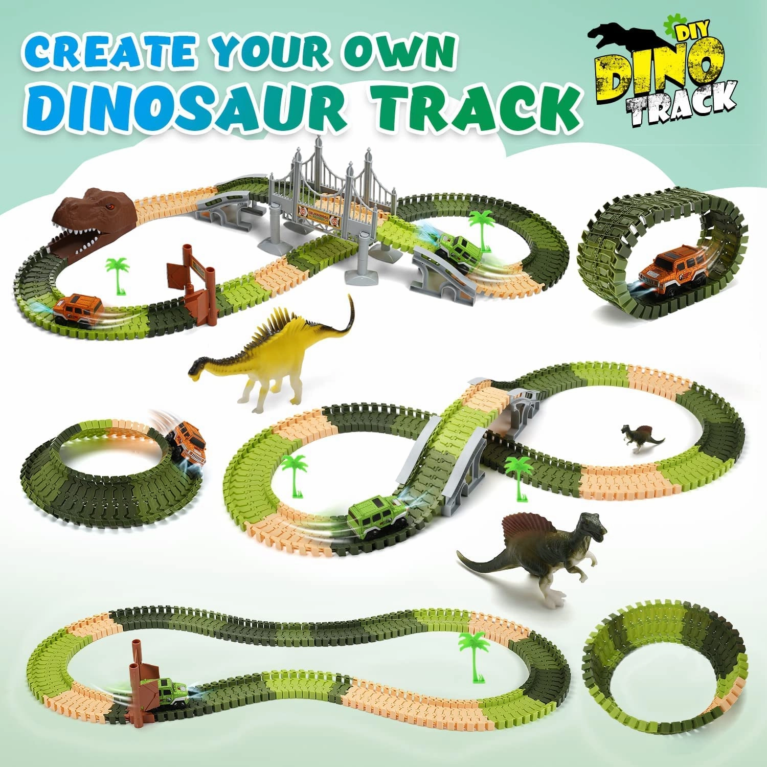 New EagleStone Dinosaur Toys Race Track Set 194 PCS for Kids, Flexible Train Tracks with 2 Dinosaurs Figures,1 Bridge,2 Electric Cars Vehicle Playset with LED Lights!